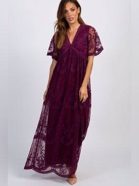 PinkBlush Purple Lace Mesh Overlay Maxi Dress